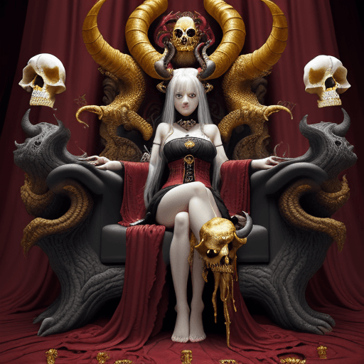 AI generated: cutest bored girl, fine rococo fresco priestess wife wearing a golden wolf skull with ram horns in a...