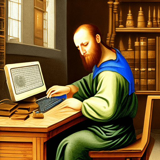 AI generated: medieval style painting, computer programmer working with a computer, looking unhappy, viewed from s...
