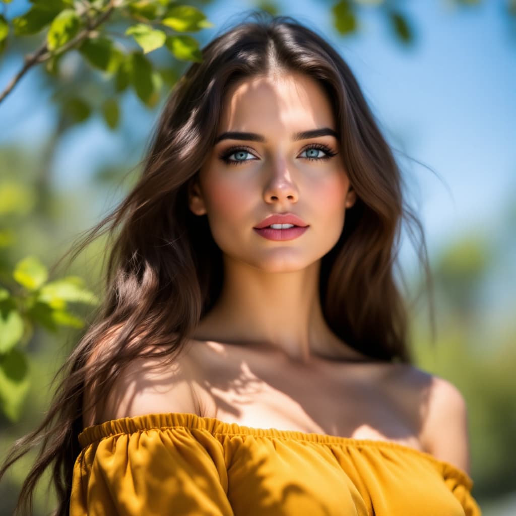AI generated: A woman with long brunette hair and striking blue eyes is the focal point. She's wearing a mustard y...