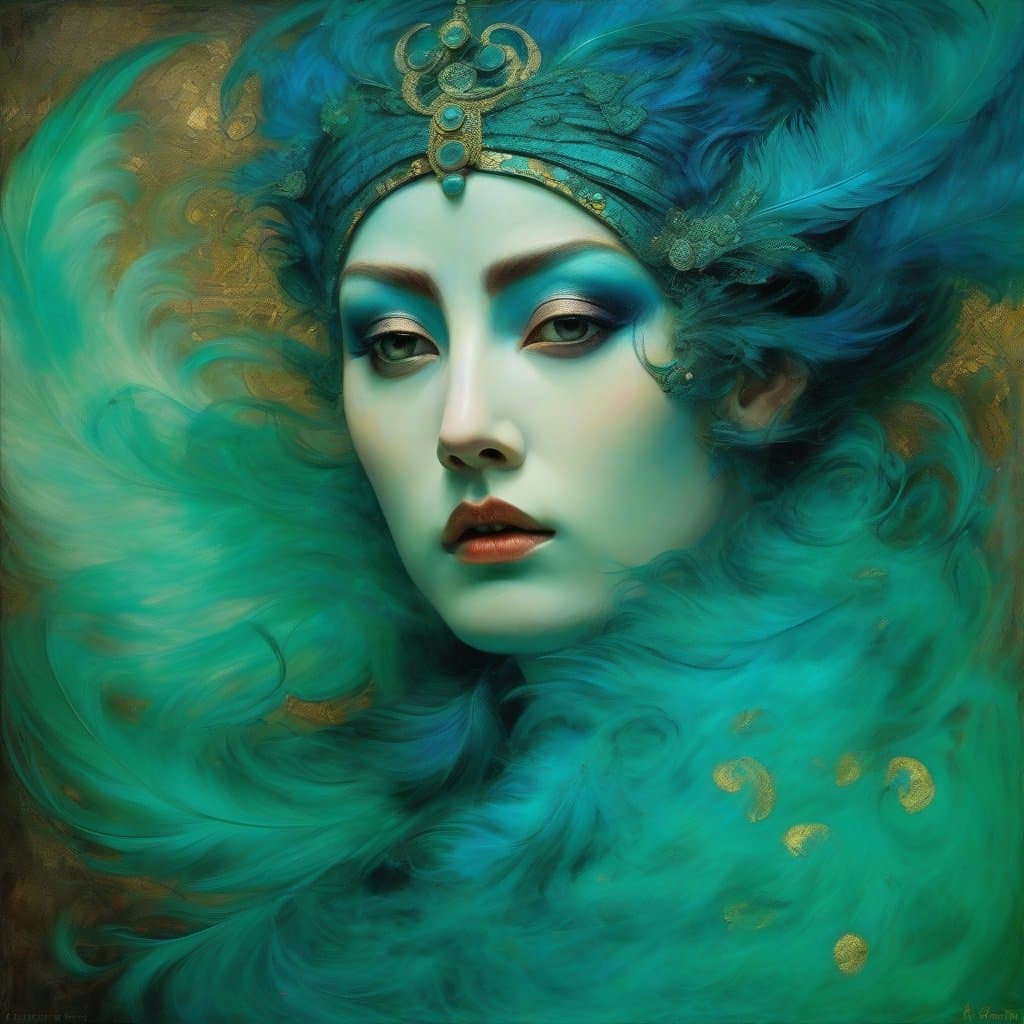 AI generated: wise, zen, mitras-cult, moon-eyed, feathered, Sappho, crawling out of the dark, blue green smoke, HD...