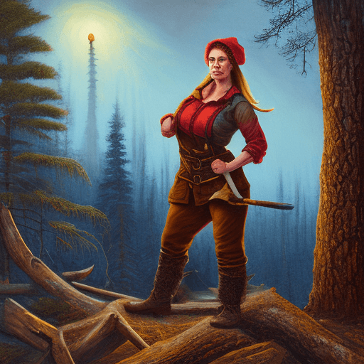 AI generated: portrait of a Lumberjack woman with huge  wearing tight-fitting outfit, intricate action pose, Oil p...