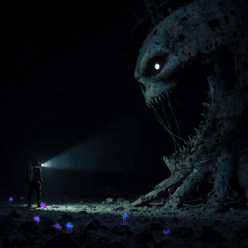 AI generated: A lone diver hovers in the infinite blackness of the deep ocean, surrounded by an endless void where...