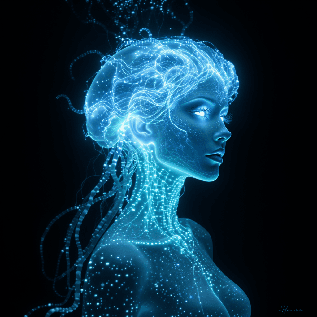 AI generated: A woman with luminescent jellyfish DNA, her translucent skin glowing with bioluminescent veins, flow...