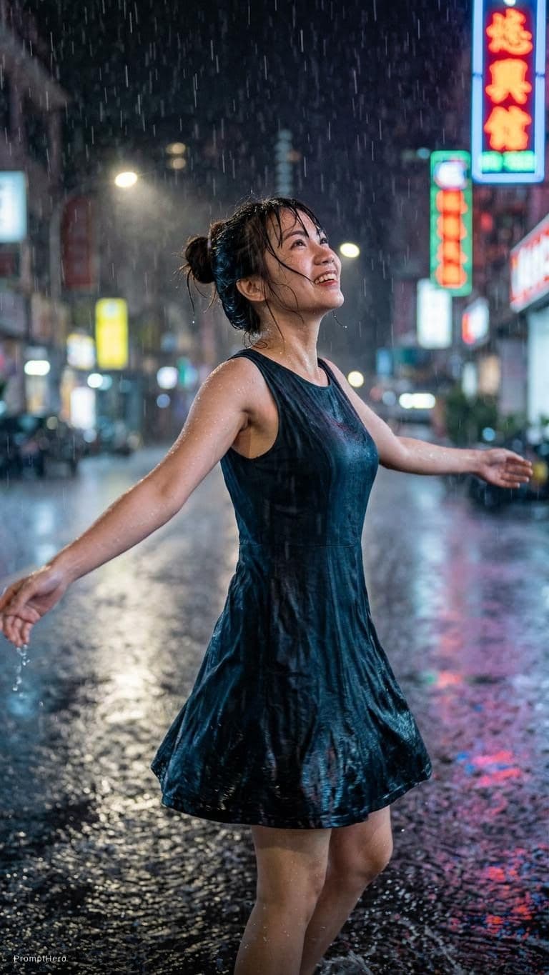 AI generated: Dancing in heavy rain, A beautiful lady, face and body are wet, messy bun hair 32k UHD, highly detai...