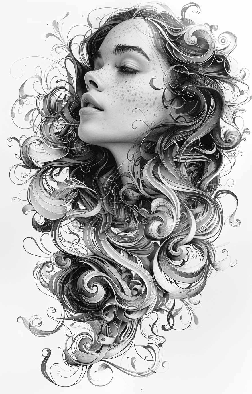 AI generated: black and white illustration in the form of a woman with flowing hair, in the style of martine johan...