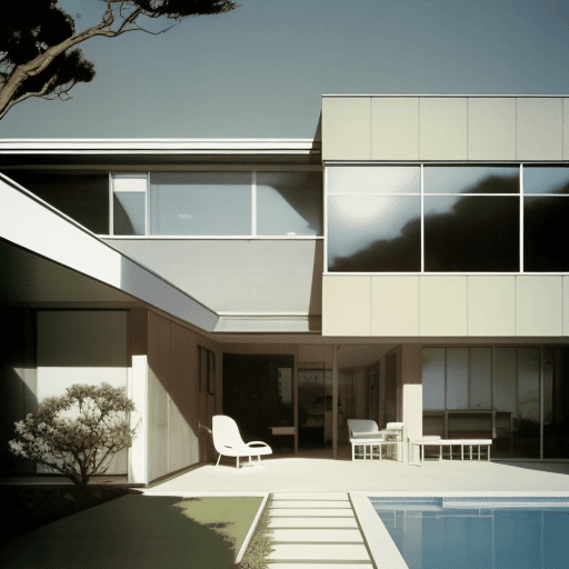 AI generated: Hyper realistic eye level exterior photo of a mid century modern style house overlooking the ocean, ...