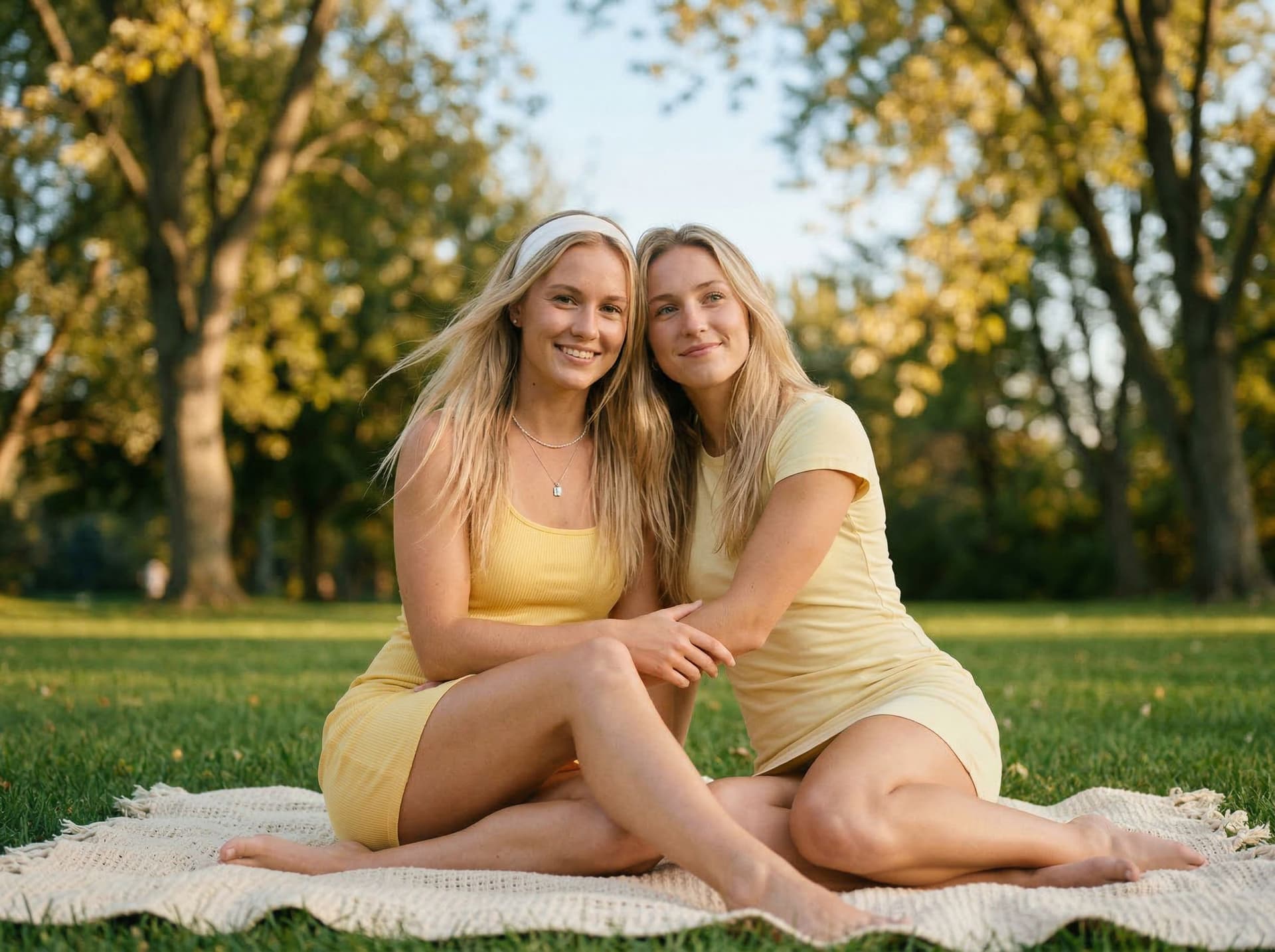 AI generated: Two beautiful athletic young women with blonde hair and fair skin, petite body and flat chest, small...