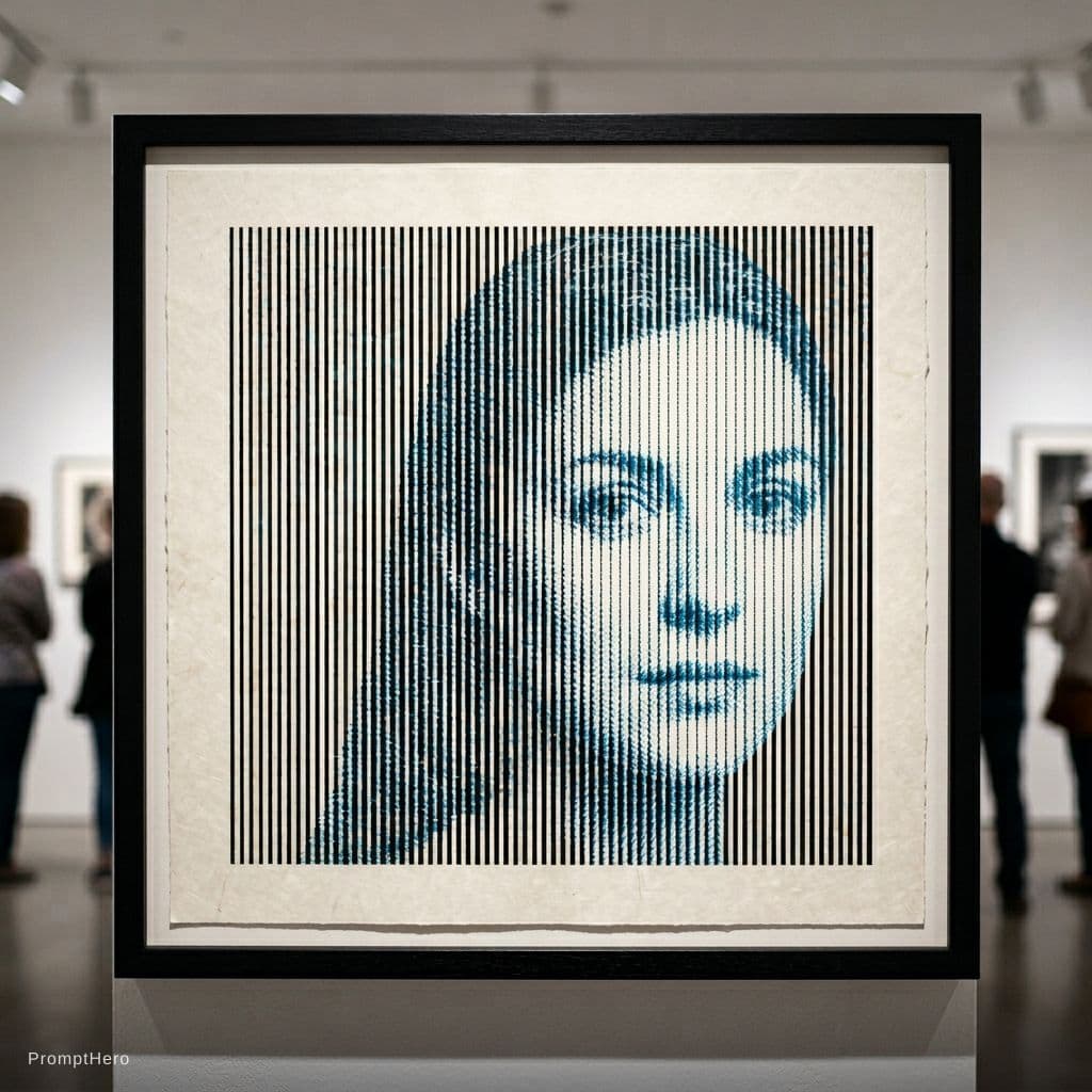 AI generated: {
  "scene": "Parallel black slits over a blue portrait halftone create a hidden face that appears o...
