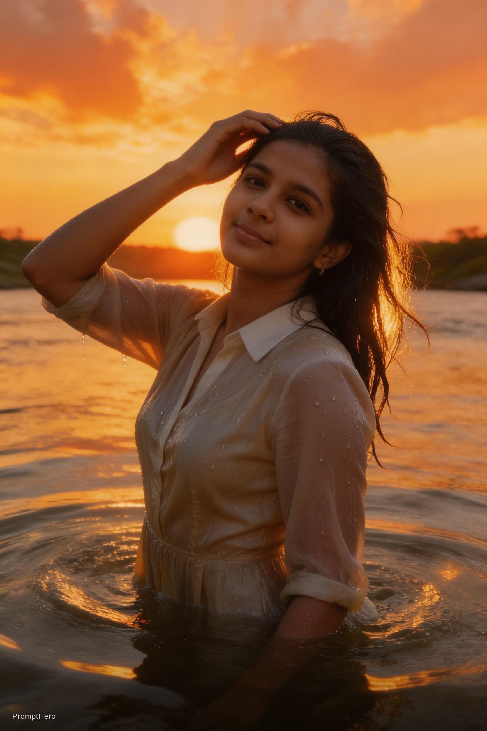 AI generated: The uploaded woman stands by a river. The setting sun, a fiery sunset, golden clouds, and golden rip...