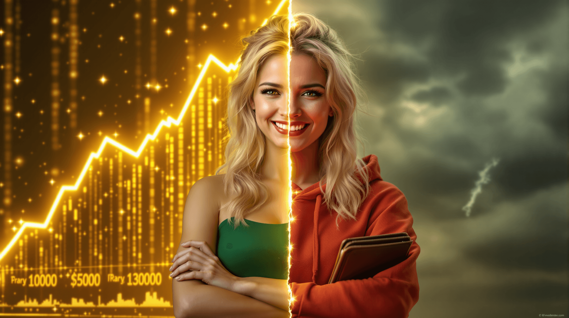 AI generated: YouTube thumbnail, split vertically down the middle (16:9).
On the left side: a young blonde woman ...