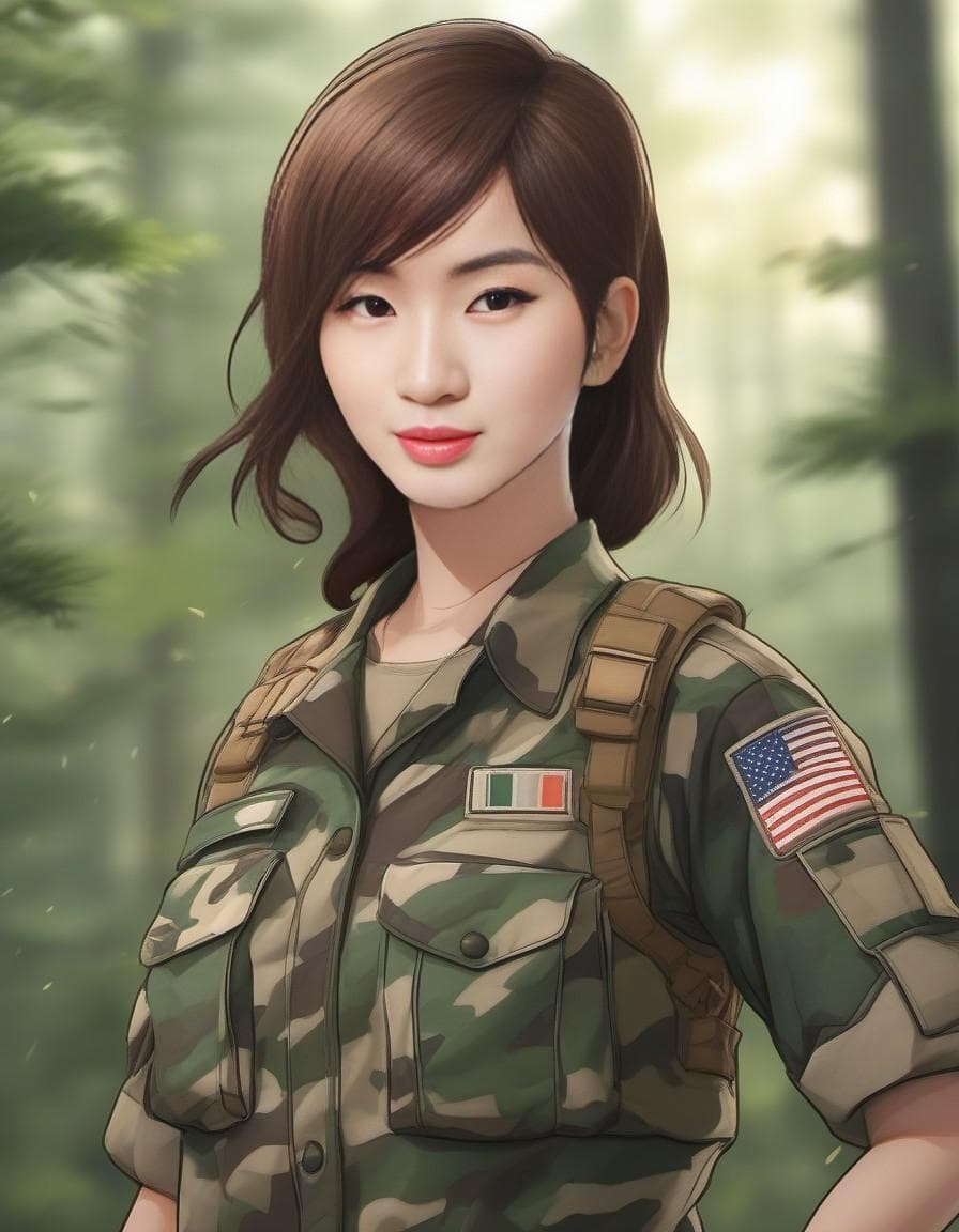 AI generated: perfect anime quality, (beautiful:1.2) , school, (brown hair, soldier, united states army, military)...