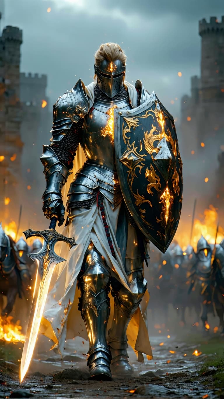 AI generated: An ultra-realistic, zoomed out, front facing, full-body portrait of a noble Paladin in gleaming silv...