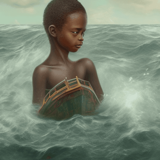 AI generated: a girl with dark skin in a green squared dress stands knee-deep in a rough sea with shipwrecks. a li...