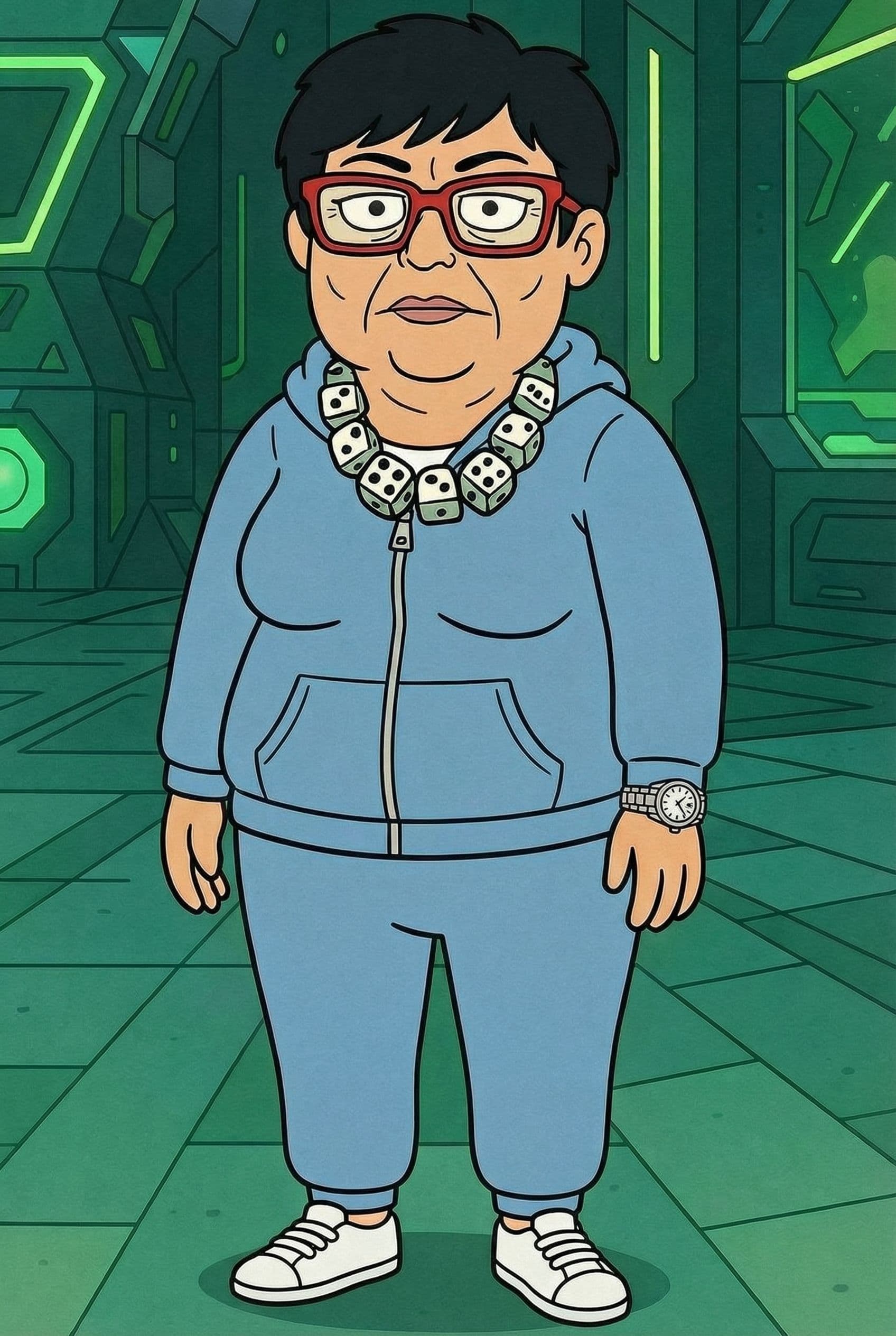 AI generated: create her in a mid light blue track suit with zipper hoodie and rolex watch and snakers.