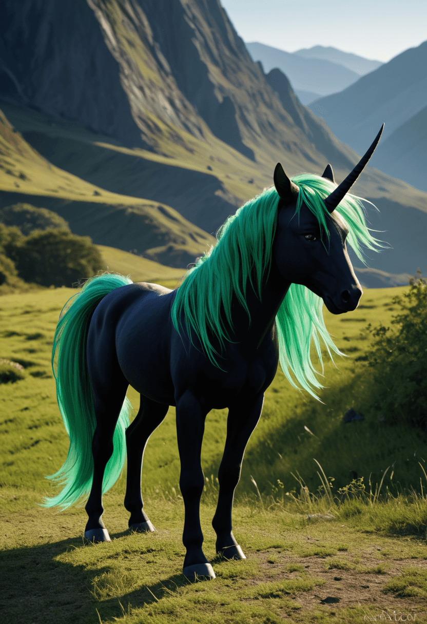 AI generated: Strong alicorn,dark blue hair with green mane and tail,dynamic colors,fantasy landscape setting,high...