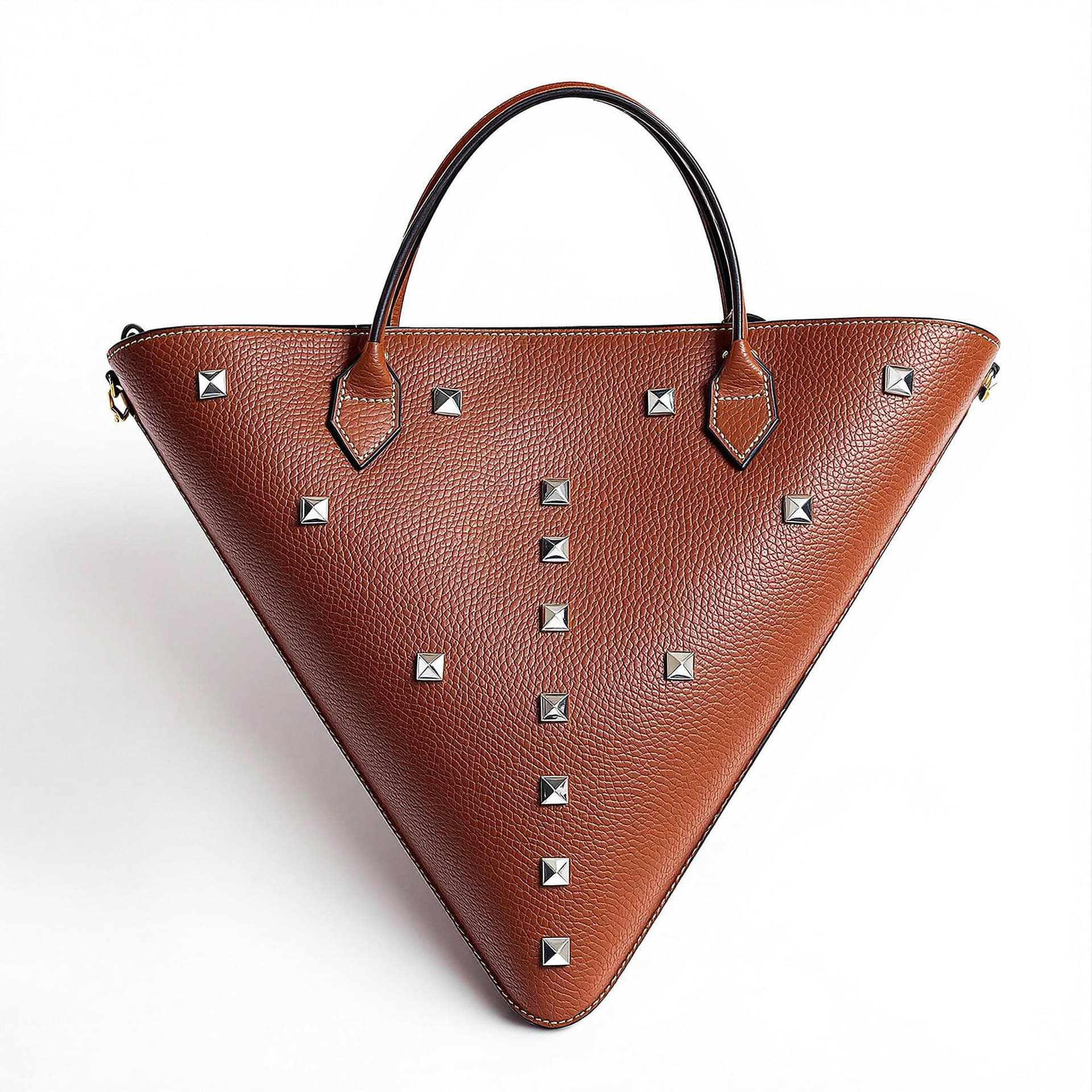 AI generated: A Grainy leather triangle bowling bag designed by the row, with silver studds, shot on a white backg...