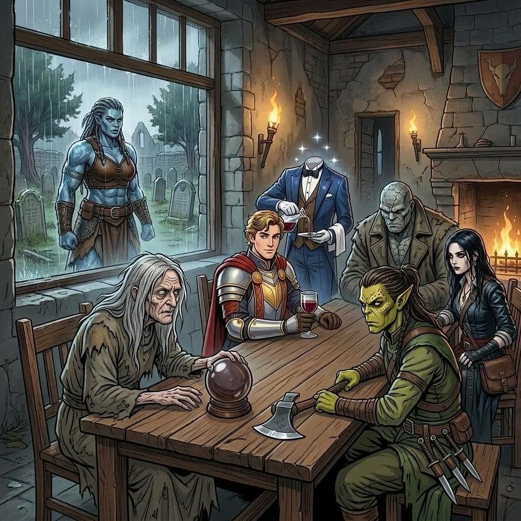 AI generated: a male githzerai fighter keeps an eye on an old blind hag as he sits at a table across from her, wit...