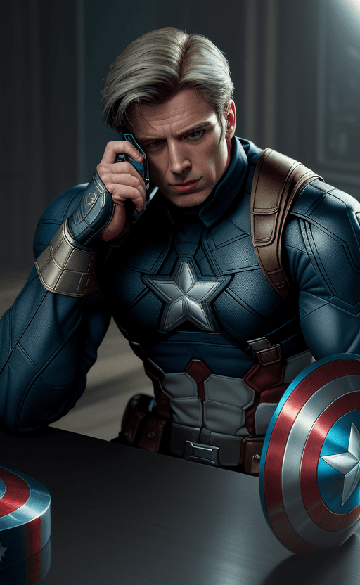 AI generated: handphone on the table with the design and character of captain america The handphone is gold and bl...