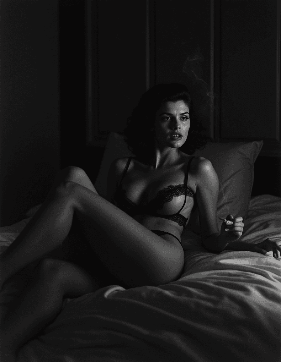 AI generated: Classic Hollywood noir photography: A seductive brunette in sheer lace lingerie and stockings, loung...