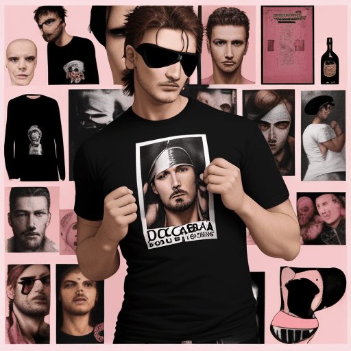 AI generated: Dolce & Gabbana t-shirt, black, with an image in the center of the shirt wanted poster, a pink teddy...