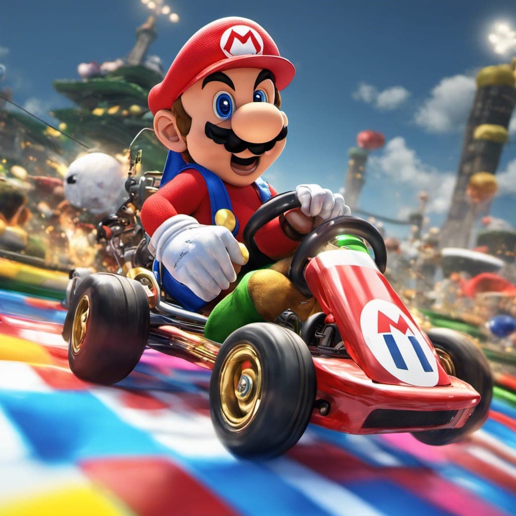 AI generated: Super Mario Kart from Super Mario Kart Deluxe 8, colorful, unique, amazing view, awesome detail, ill...