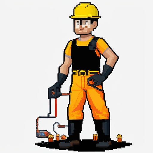 AI generated: 16 - bit pixel art character, a power line engineer, in full body view, standing confidently with th...