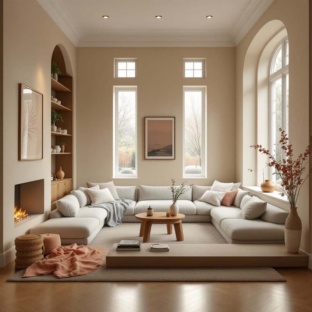 AI generated: High resolution photography interior design, dreamy sunken living room conversation pit, wooden floo...