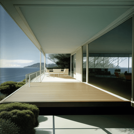 AI generated: Hyper realistic eye level exterior photo of a mid century modern style house overlooking the ocean, ...