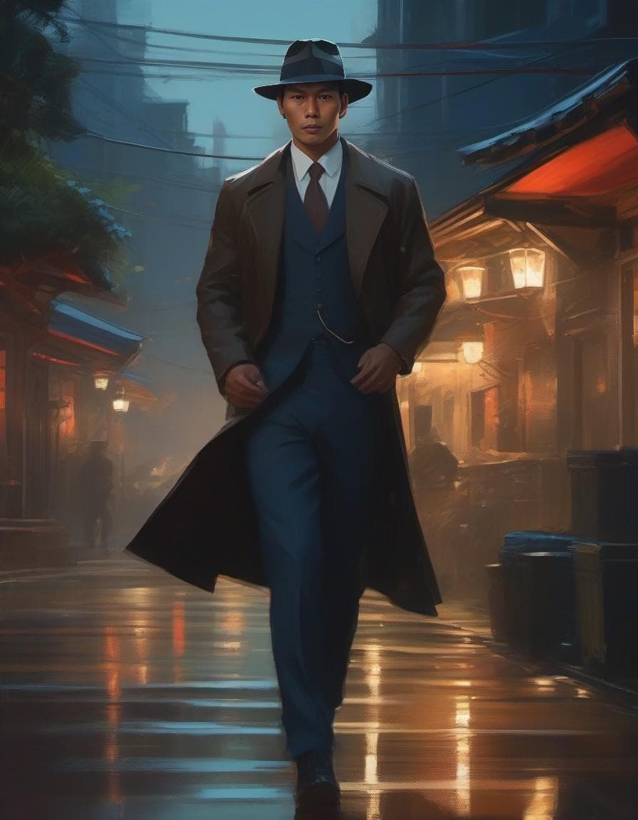AI generated: photo of (MCHasDex:0.99), a man as a detective, (walking down a street at night), (holstered gun), m...