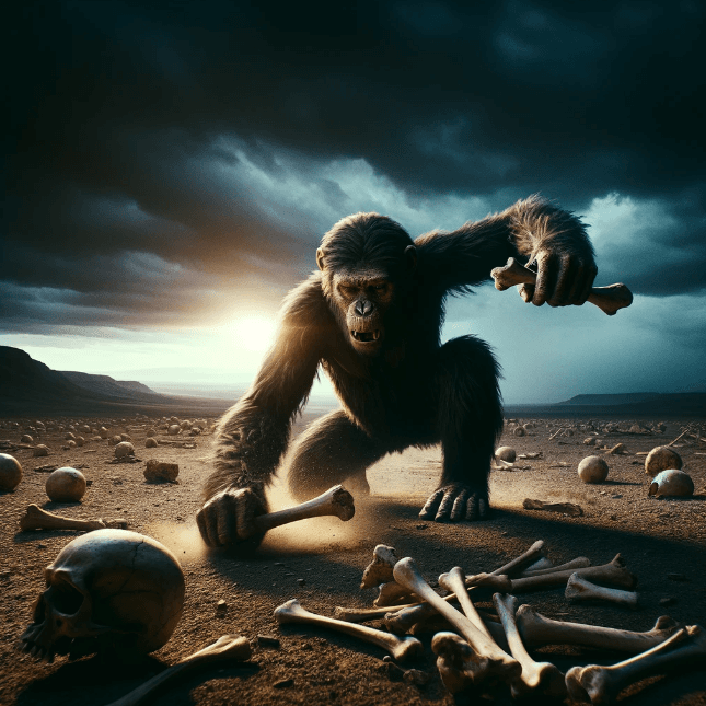 AI generated: A cinematic still showing an ape-like figure in a desert landscape, striking a bone against the grou...