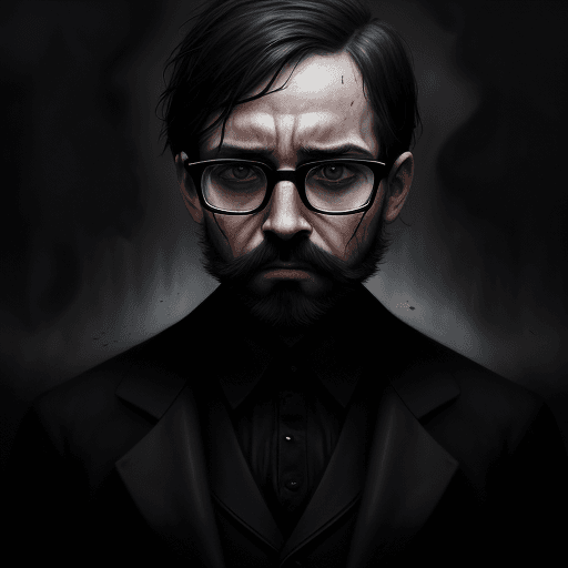 AI generated: digital wallpaper portrait of an anonymous, gentlemen tiny face with black glasses, gloomy backgroun...