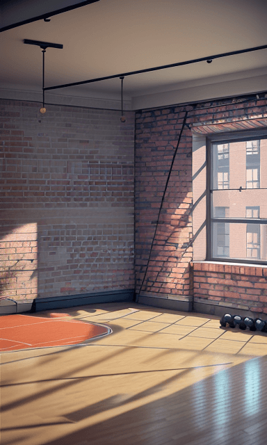 AI generated: Small gym inside an apartment building with brick walls and no windows cinematic, hyperrealism, high...