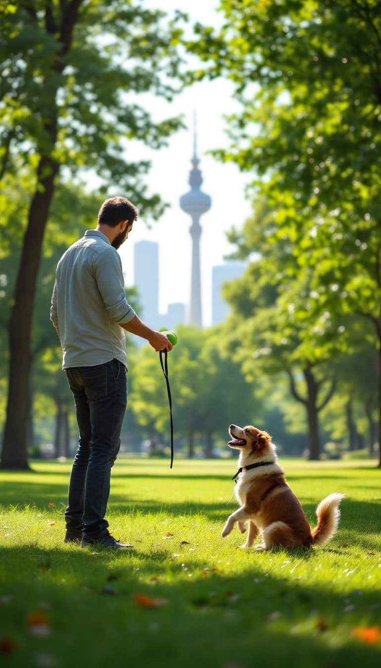 AI generated: A man is playing with his dog in a park in Tehran. He holds a ball in his hand, ready to throw it, w...