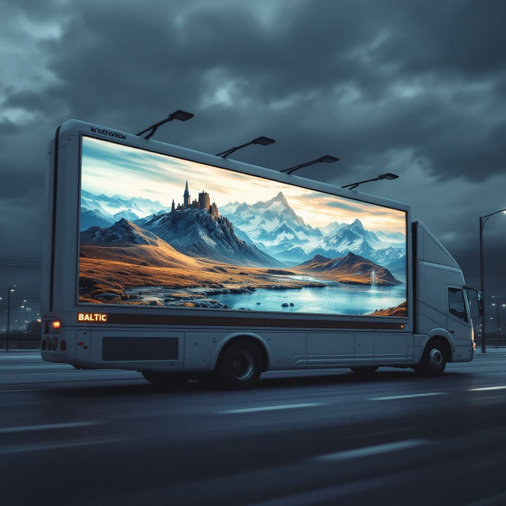 AI generated: Futuristic 
Billboard sign on a bus 
for Baltic Woodsmith! 
4k realistic
, insane details, hyper det...