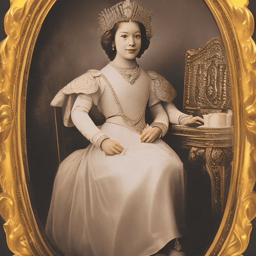 AI generated: a portrait photograph of a young princess with a tiara, she is sitting on the throne room on a golde...