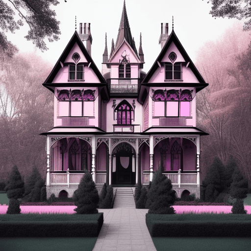 AI generated: A three story Victorian style house, pink with white, black, and deep purple trims, gothic architect...