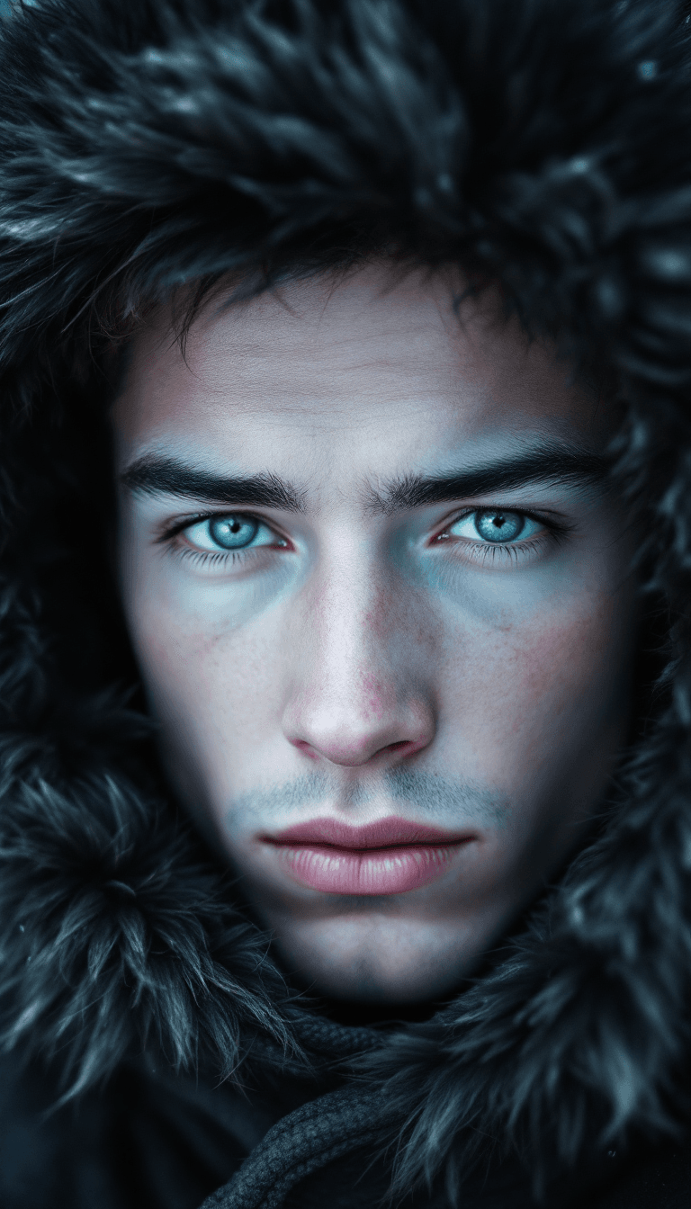 AI generated: A hyper-realistic close-up portrait of a young man with pale, porcelain skin, gazing directly at the...
