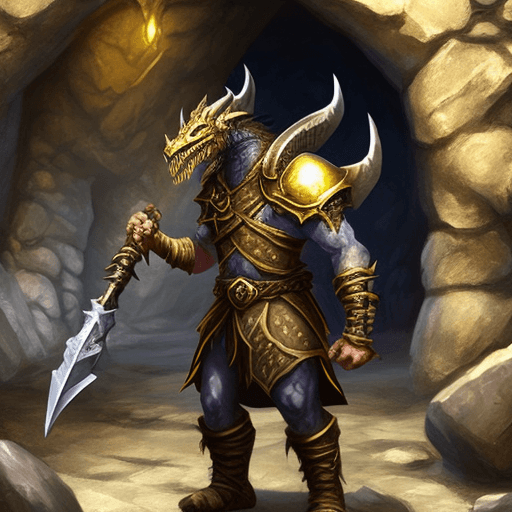 AI generated: A dungeons and dragons gold dragonborn with a glaive in his hand outside a cave