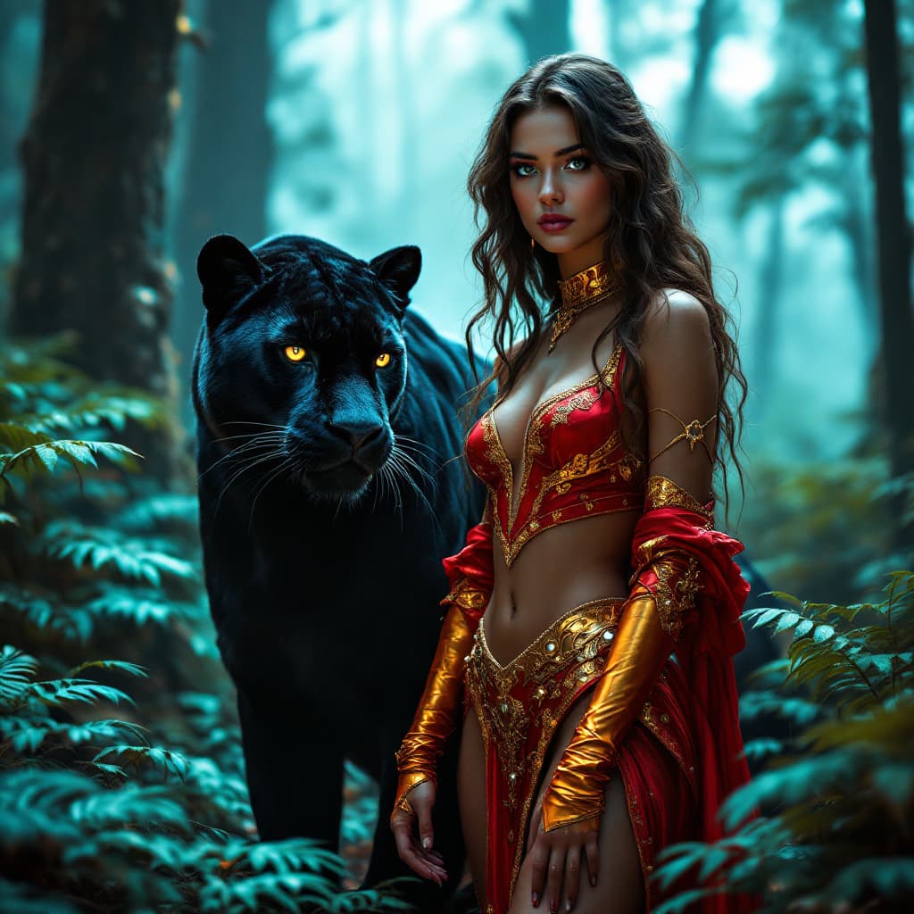 AI generated: A captivating and enchanting scene of a stunning woman standing alongside a large, regal black panth...