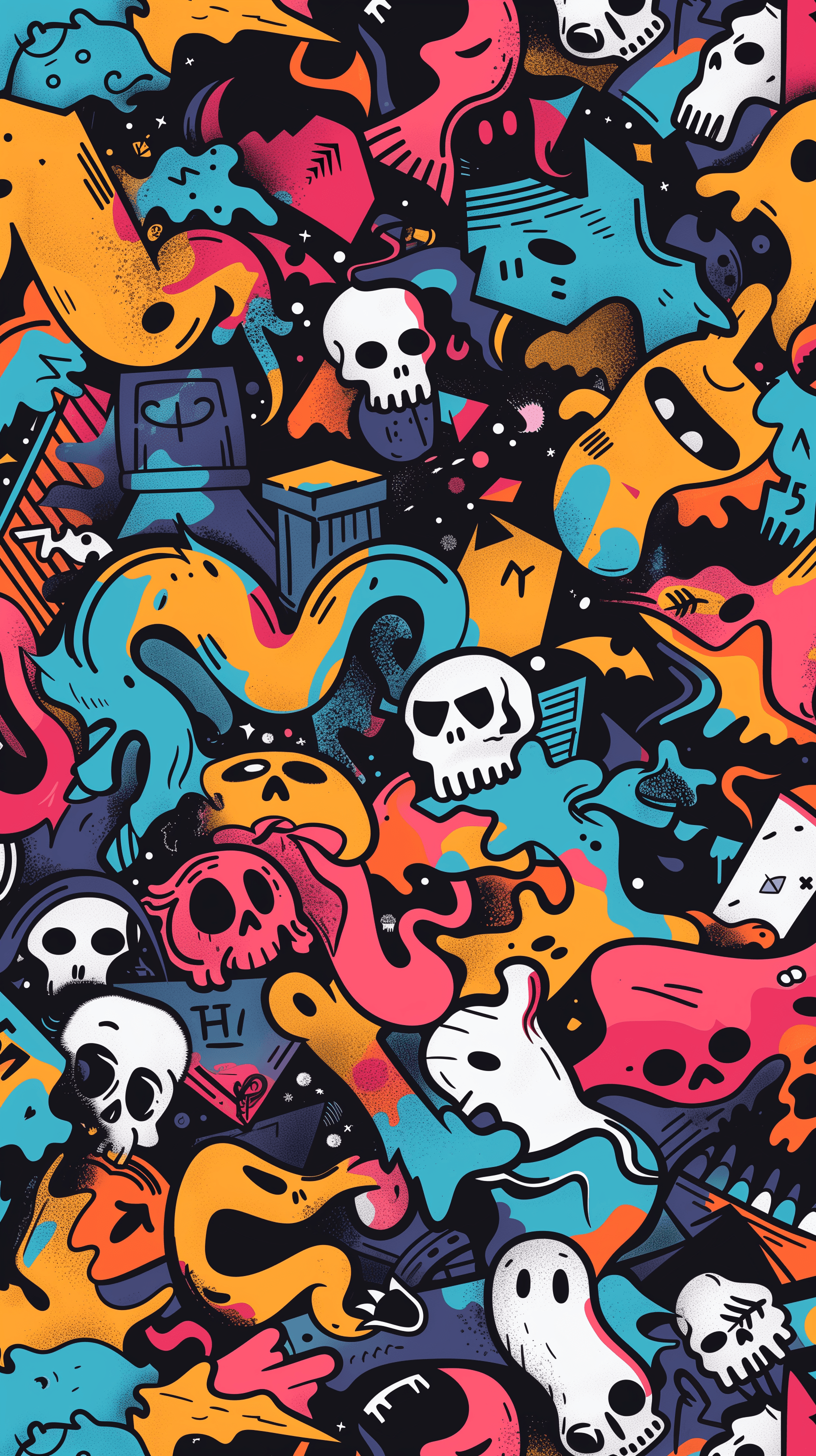 AI generated: dynamic pattern illustration, spooky art and graffiti, bold, simplify, saturated colors, motifs like...