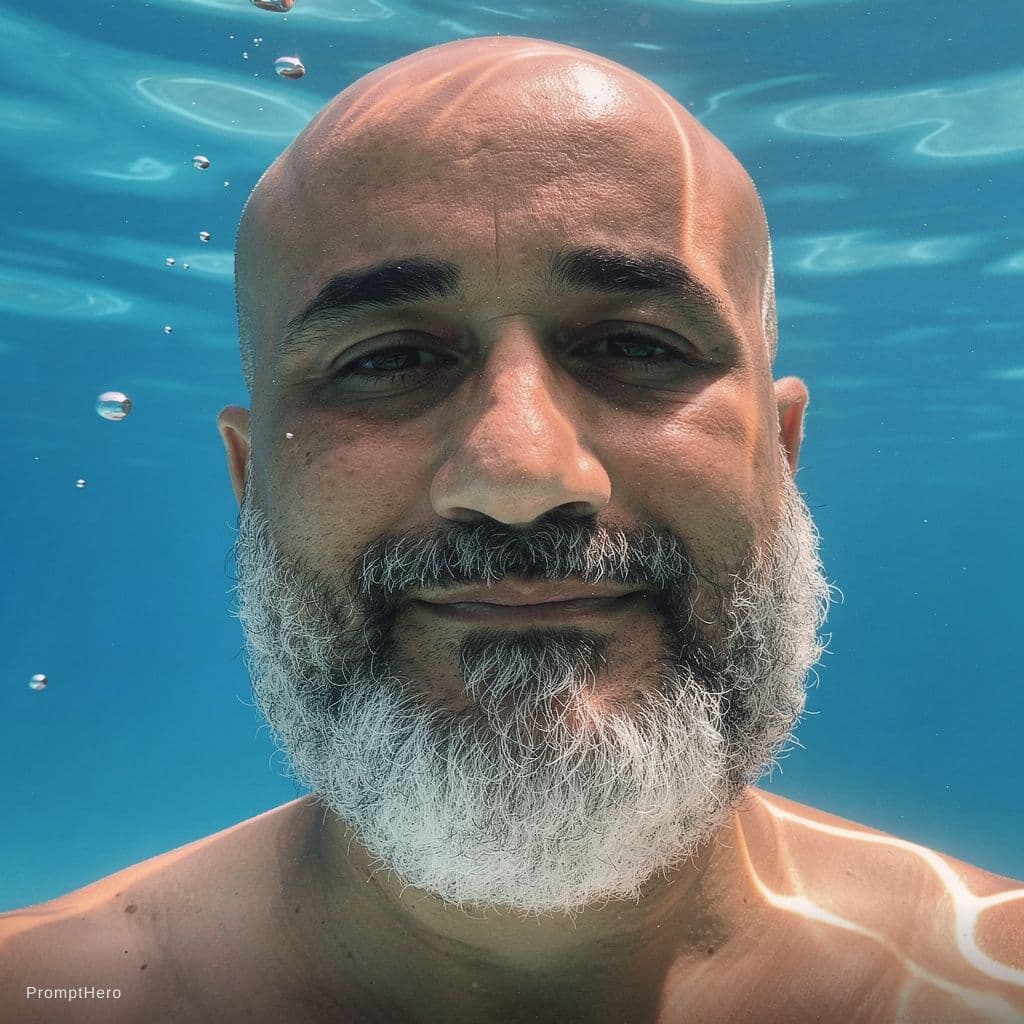 AI generated: Una foto debajo del agua de un hombre latino con la cabeza rapada, pero con barba, la barba es más b...