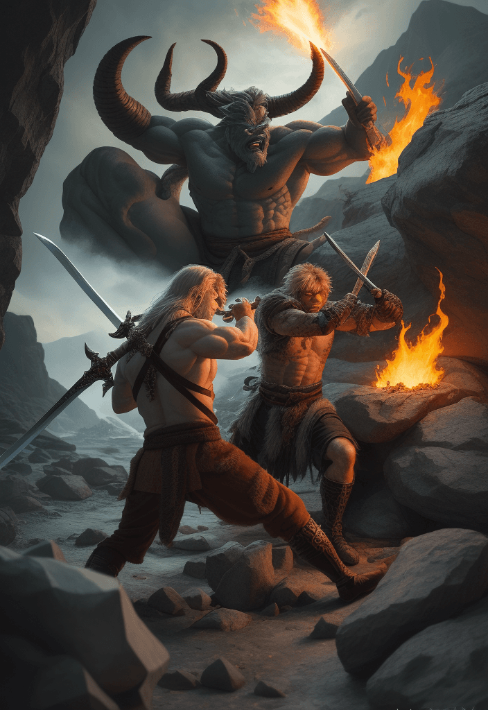 AI generated: A bogatyr with a sword fights a one-eyed demon monster, against a background of rocks and fire