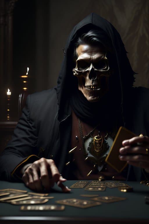 AI generated: (((8k, very high resolution, masterpiece))), (death:1.2) playing poker, (scythe of death in backgrou...