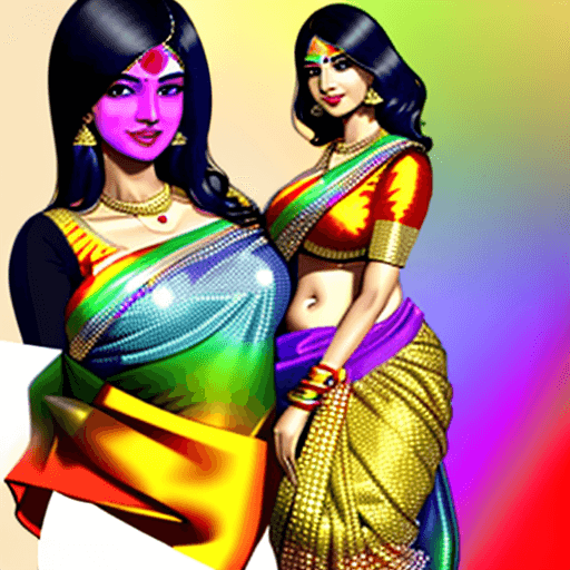 AI generated: Bold and gorgeous young indian mothers wearing shiny rainbow saree, golden blouse,