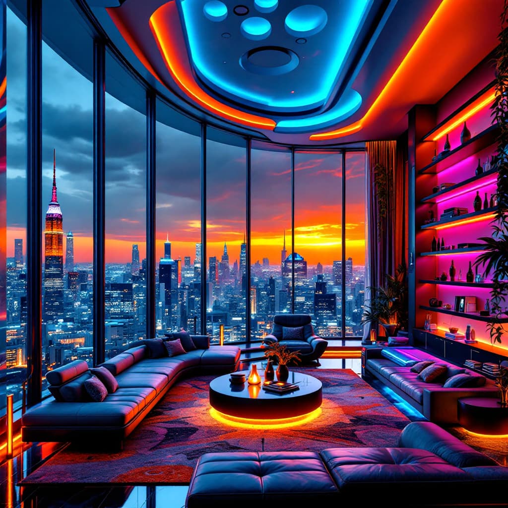 AI generated: cyberpunk luxurious living room with a large window that offers a stunning view of the dystopian gri...