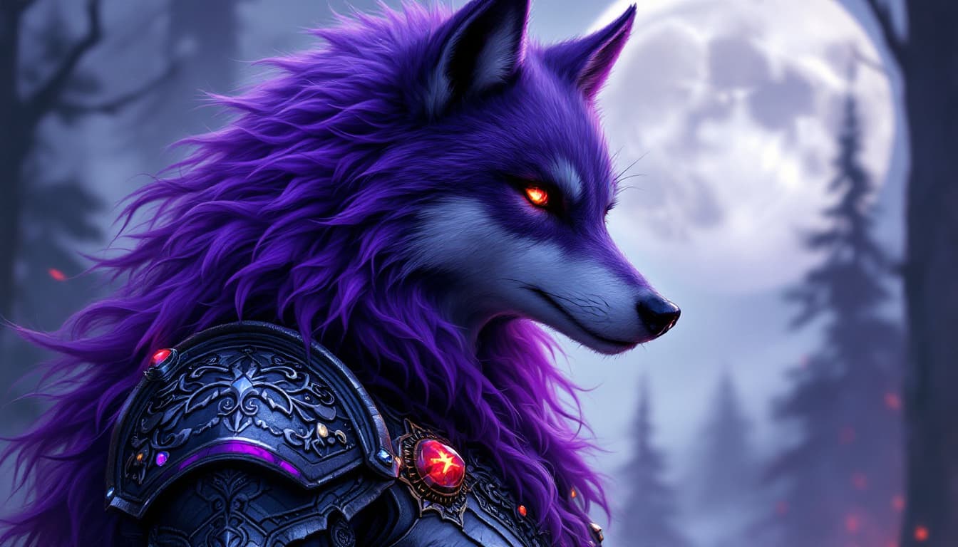 AI generated: A full body digital painting of a 28 year old Furry with a Purple wolf head, Purple Fur On the neck,...