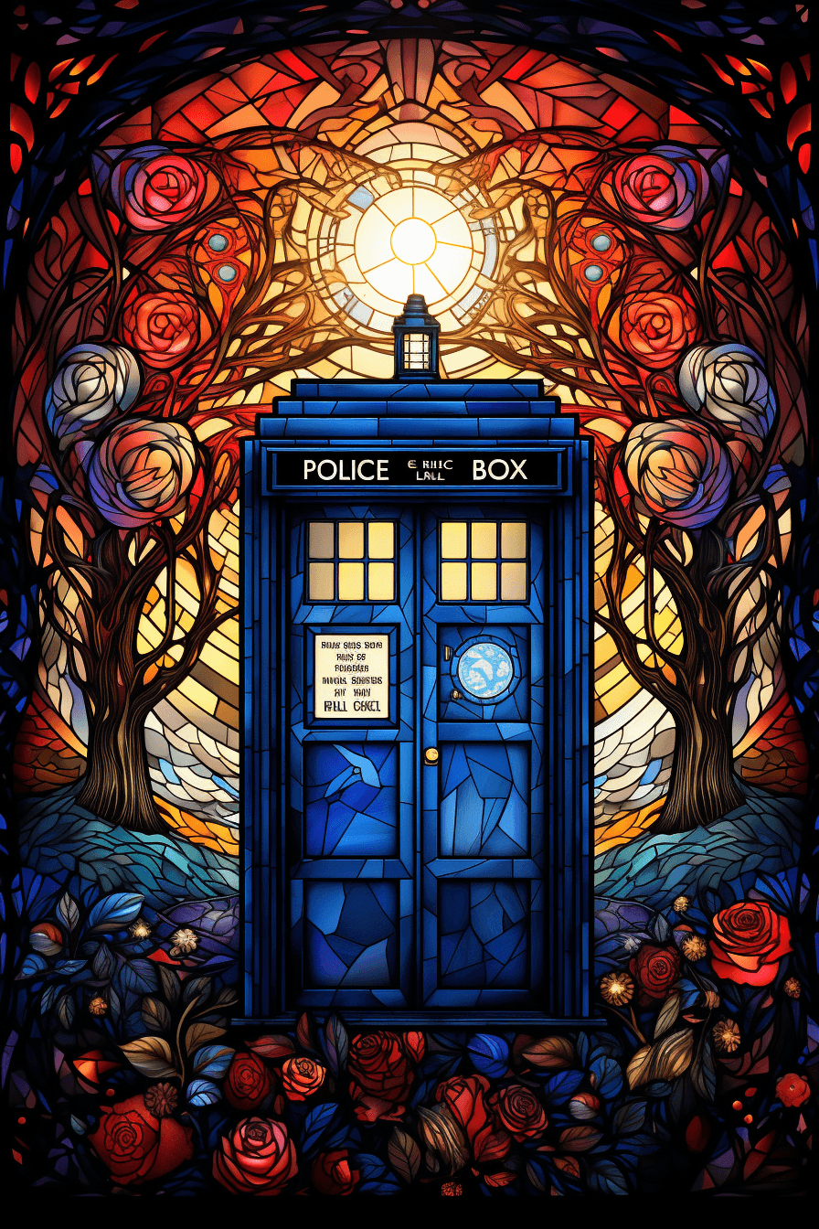 AI generated: the Tardis, in the style of detailed stained glass, Dr. Who, Gallifray, sparkling reflections, hyper...