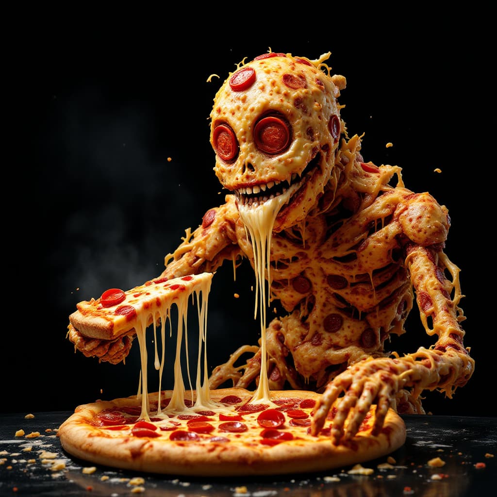 AI generated: a surreal humanoid figure composed entirely of pizza slices, with gooey mozzarella stretching betwee...