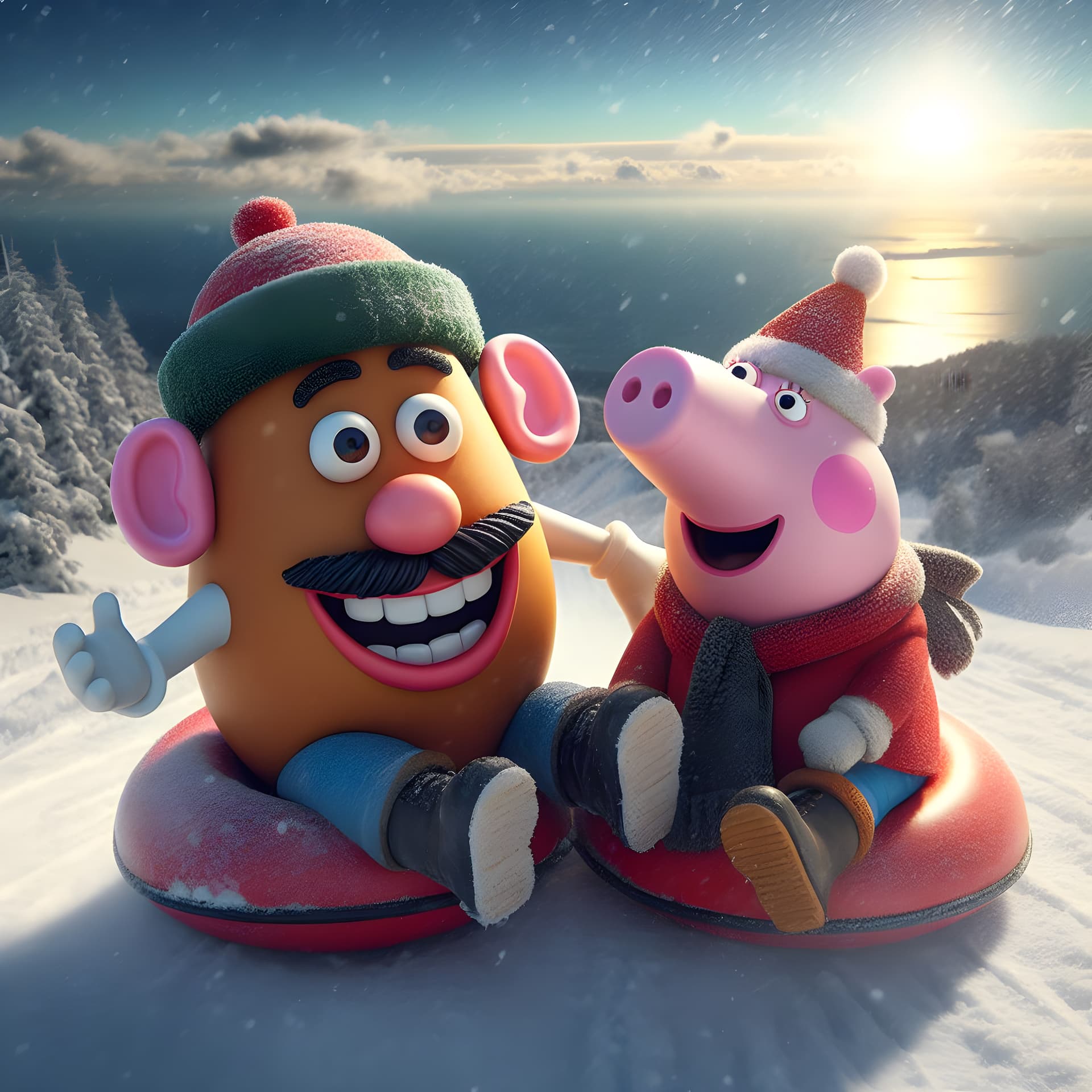 AI generated: Peppa pig and Mr potato head snow tubing down a snowy mountain laughing, water in the background, sn...