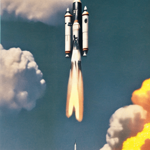 AI generated: rocket from the 60s, flying into space
